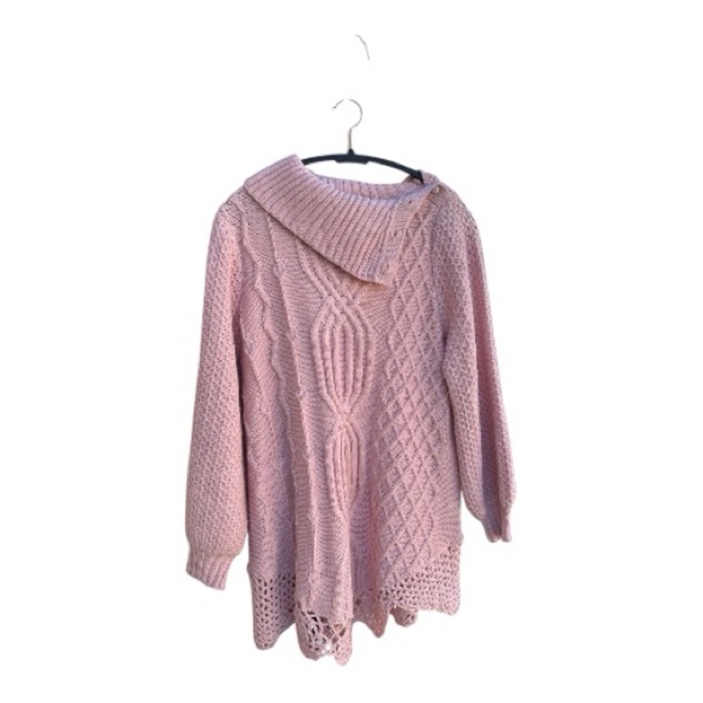 Roman’s Pink Cable Knit Cowl Neck Tunic Sweater Crochet Hem 14/16 - Picture 2 of 8